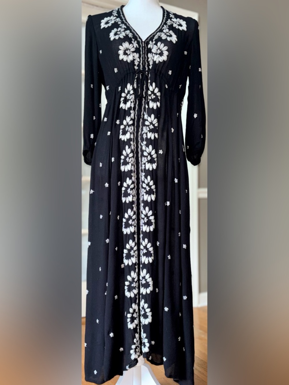 Free People Black Embroidered Maxi Dress Sheer Boho Tie Front Small